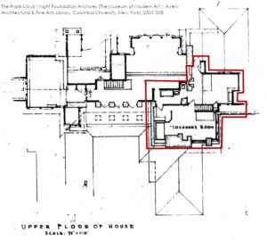 Drawing titled "Upper Floor of House" with red outline for one room. The Frank Lloyd Wright Foundation Archives (The Museum of Modern Art | Avery Architectural and Fine Arts Library, Columbia University, New York)