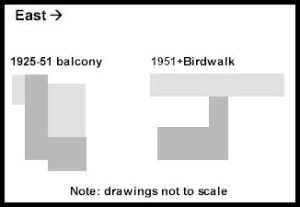Black and white graphic illustration of Taliesin balcony, 1925-51, vs. present Birdwalk. Illustration by Keiran Murphy.