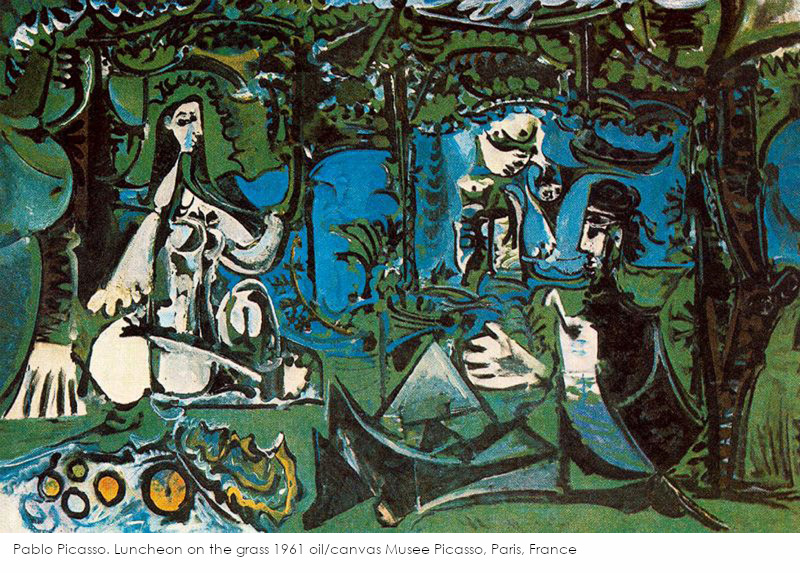Pablo Picasso's version of Manet's "Luncheon on the Grass", 1961. One man clearly visible with two nuder or partially nude women.