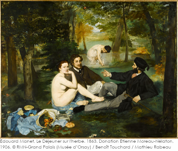 Painting: Le Dejeuner Sur L'Herbe by Edouard Manet, 1863. Located at the Musee d'Orsay. 2 women (clothed or partially clothed) at a park with two clothed men.