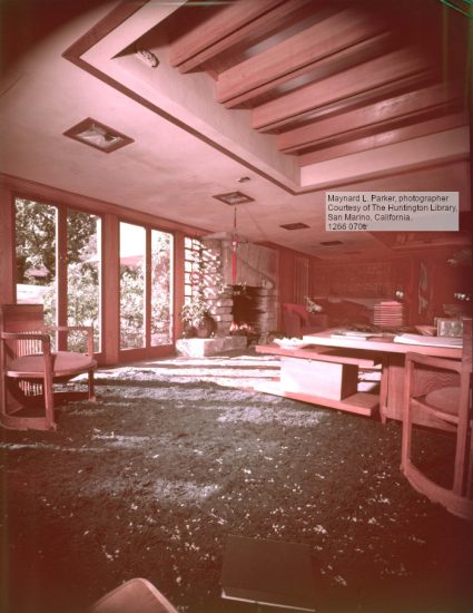 Frank Lloyd Wright's bedroom. Photo by Maynard Parker, Huntington Library-Parker Collection.