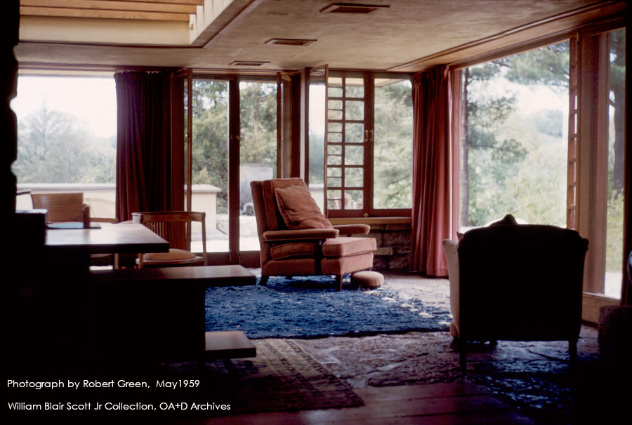 Color photograph of Frank Lloyd Wright's bedroom and study at Taliesin, Wisconsin. Taken in May 1959 by Robert Green. William Blair Scott Jr Collection, OA+D Archives