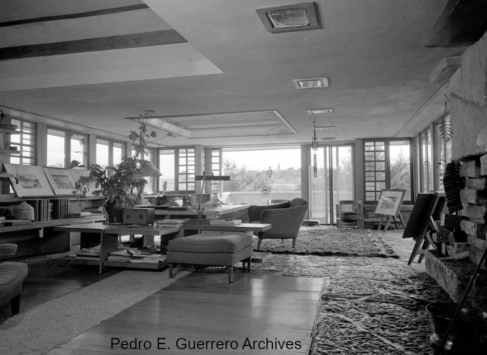 Photograph of Frank Lloyd Wright's bedroom and study at Taliesin, Wisconsin. Taken in 1952 by Pedro E. Guerrero