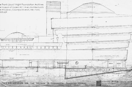 Drawing of an elevation of the Guggenheim Museum. The Frank Lloyd Wright Foundation Archives (The Museum of Modern Art | Avery Architectural and Fine Arts Library, Columbia University, New York), #4305.629.