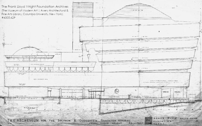 Drawing of an elevation of the Guggenheim Museum. The Frank Lloyd Wright Foundation Archives (The Museum of Modern Art | Avery Architectural and Fine Arts Library, Columbia University, New York), #4305.629.