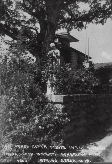 Postcard of the statue, "Flower in the Crannied Wall" at Taliesin. Published in the book Frank Lloyd Wright's Taliesin: Illustrated by Vintage Postcards, by Randolph C. Henning