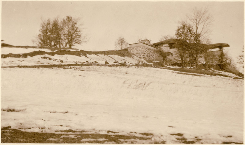 Photograph of Taliesin in sepia. Taken in the winter of 1911-12. Image number 29058. Wisconsin Historical Society ID number 29058.