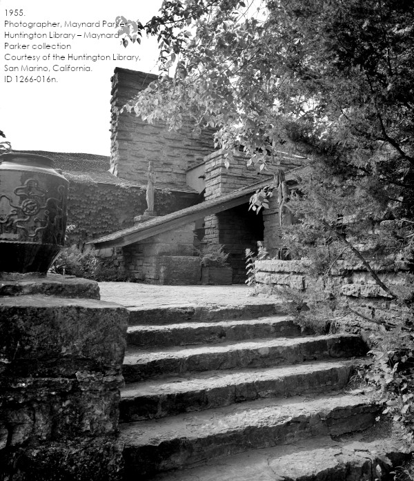 Black and white photograph taken at Taliesin in 1955. Maynard Parker, photographer. Courtesy of the Huntington Library, San Marino, California. 1266-016n.