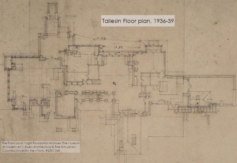 A drawing of the main floor of Taliesin, 1936-39. The Frank Lloyd Wright Foundation Archives (The Museum of Modern Art | Avery Architectural and Fine Arts Library, Columbia University, New York), Number 2501.048.