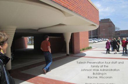 People walking around Frank Lloyd Wright's Johnson Wax Administration Building in Racine, Wisconsin. Photo by Keiran Murphy