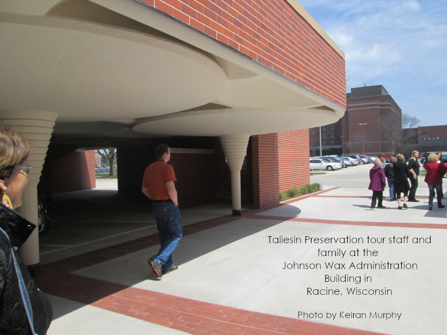 People walking around Frank Lloyd Wright's Johnson Wax Administration Building in Racine, Wisconsin. Photo by Keiran Murphy